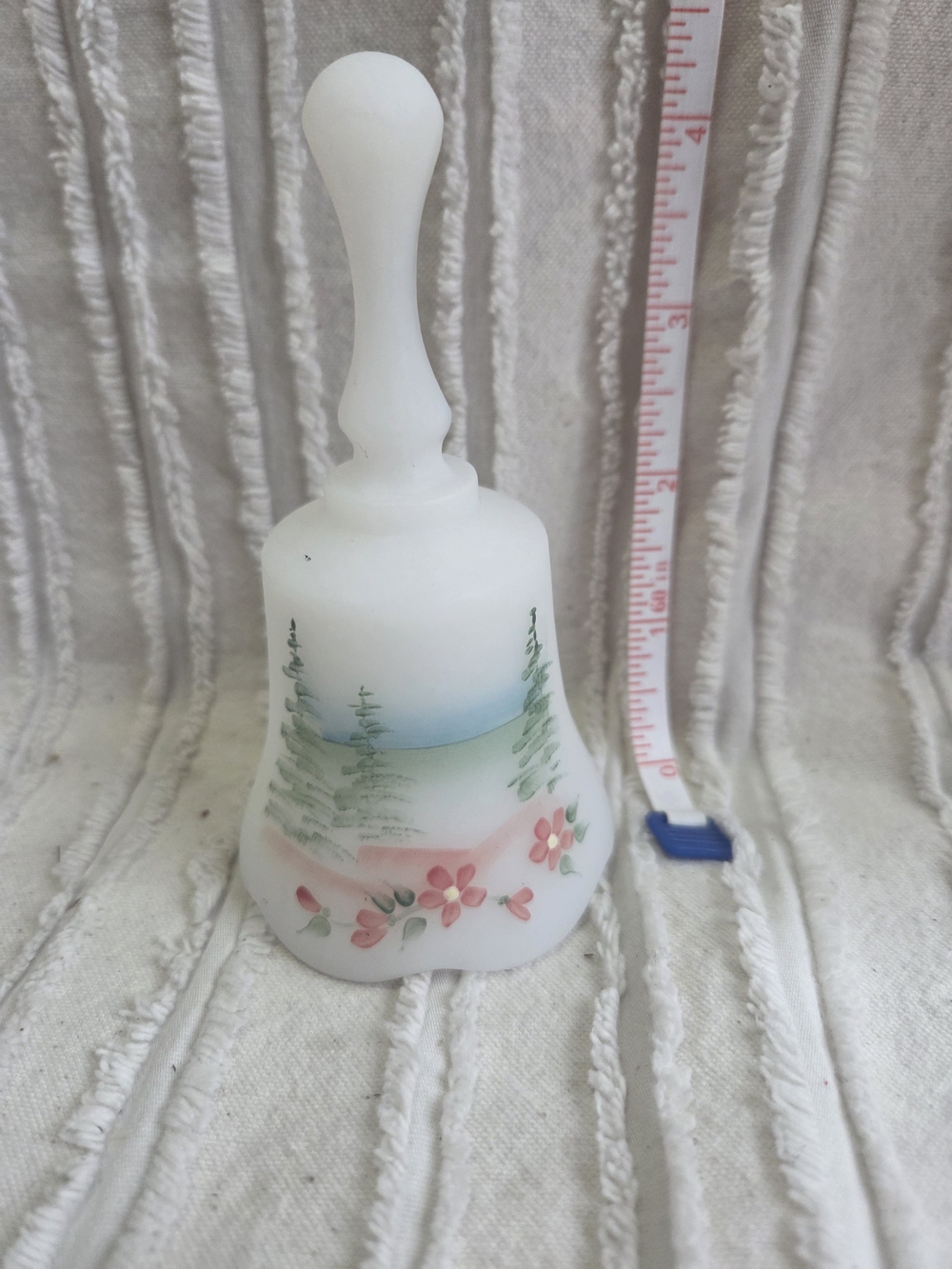 Fenton White Milk Glass Bell with Pink Flowers & Green Pines